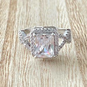 Princess Cut Simulated Diamond Halo Ring w/ Twisted Simulated Diamond Band - SS